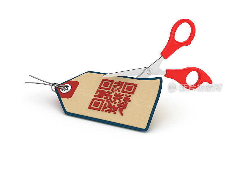QR码购物标签与剪刀- 3D渲染